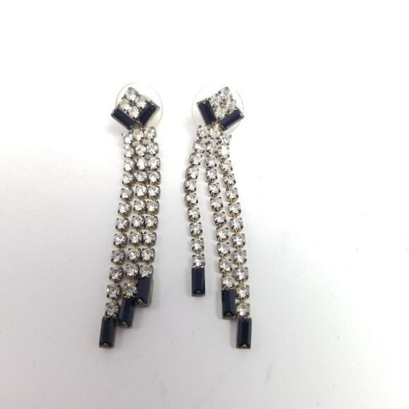 Vintage Rhinestone Dangle Stud Earrings, Black and Silver Tone Stones, Fun Retro - Picture 2 of 6